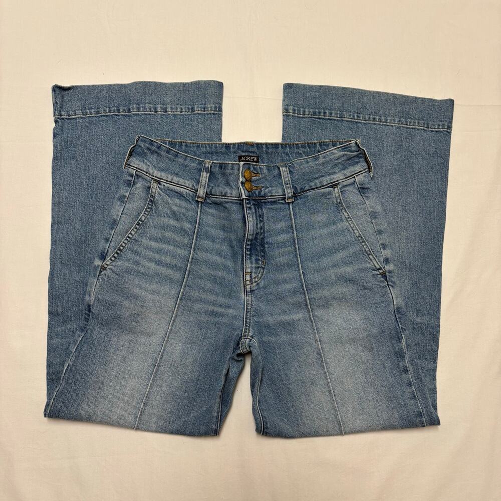 J.Crew Pintuck Denim Trouser Jeans 27P Petite High Rise Wide Leg Blue
